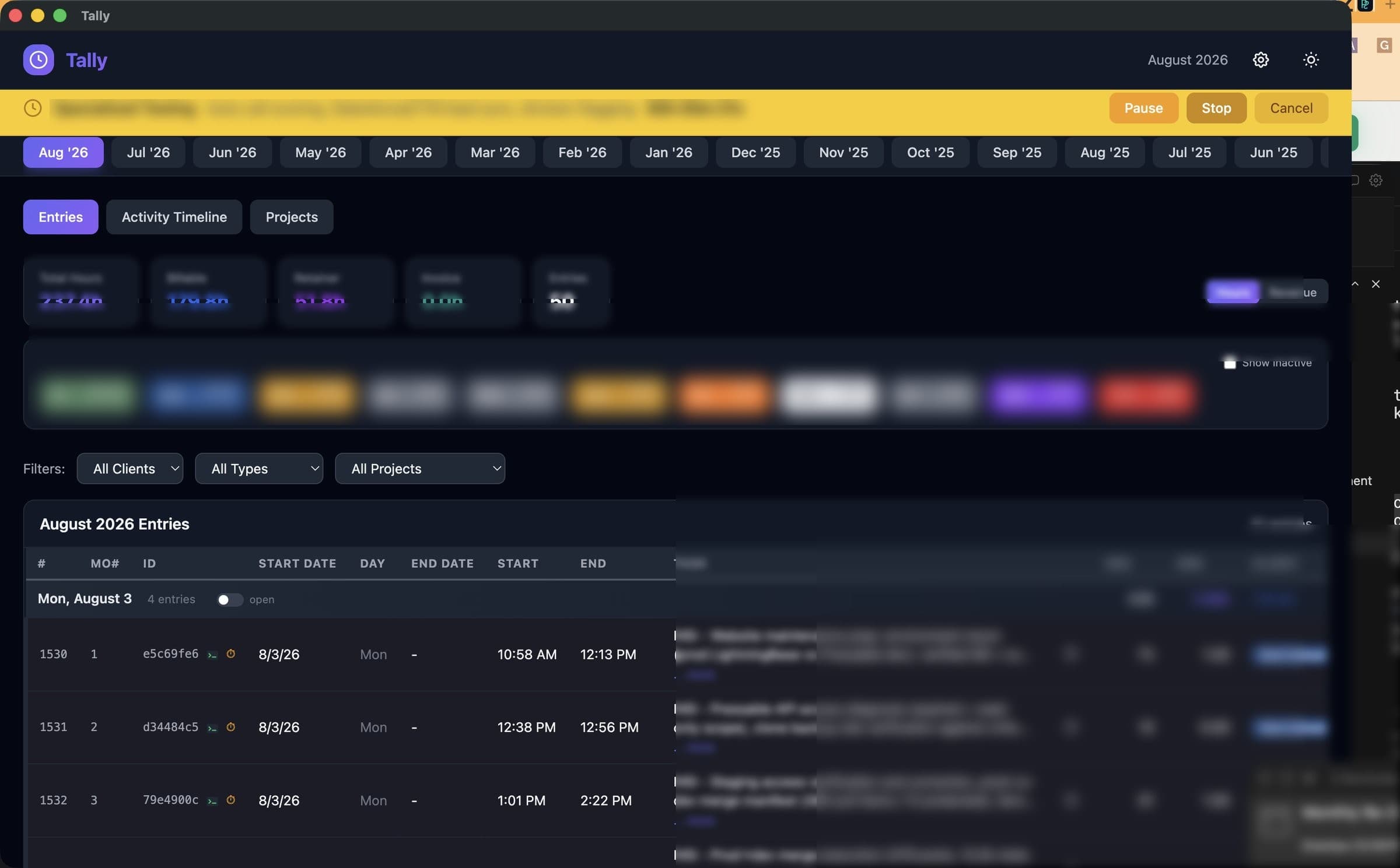 Tally entries view with active timer bar, monthly summary metrics, and a daily entries table.