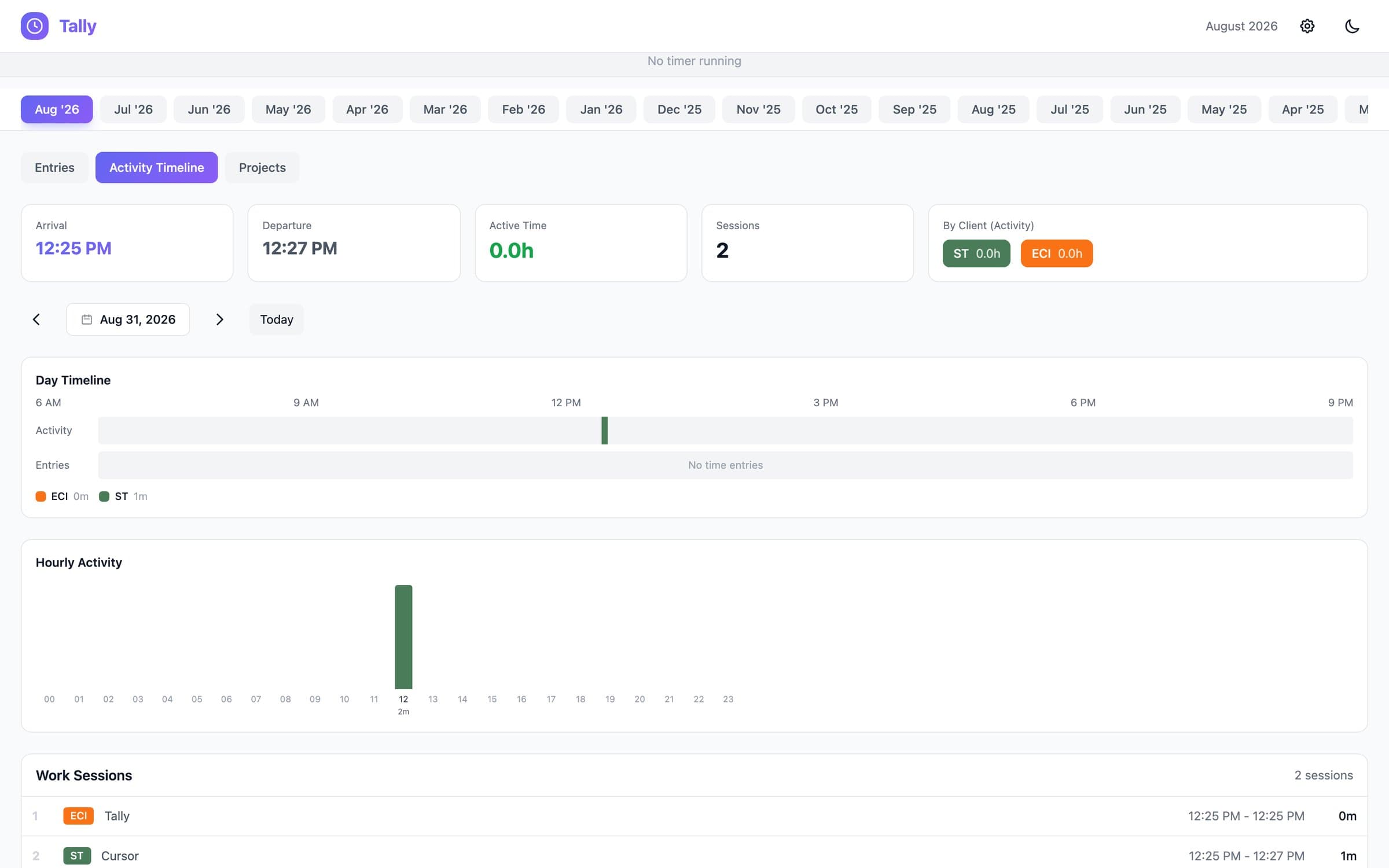Tally Activity Timeline: arrival / departure / active time / sessions, per-day timeline chart, hourly activity histogram, and a work sessions list by app.
