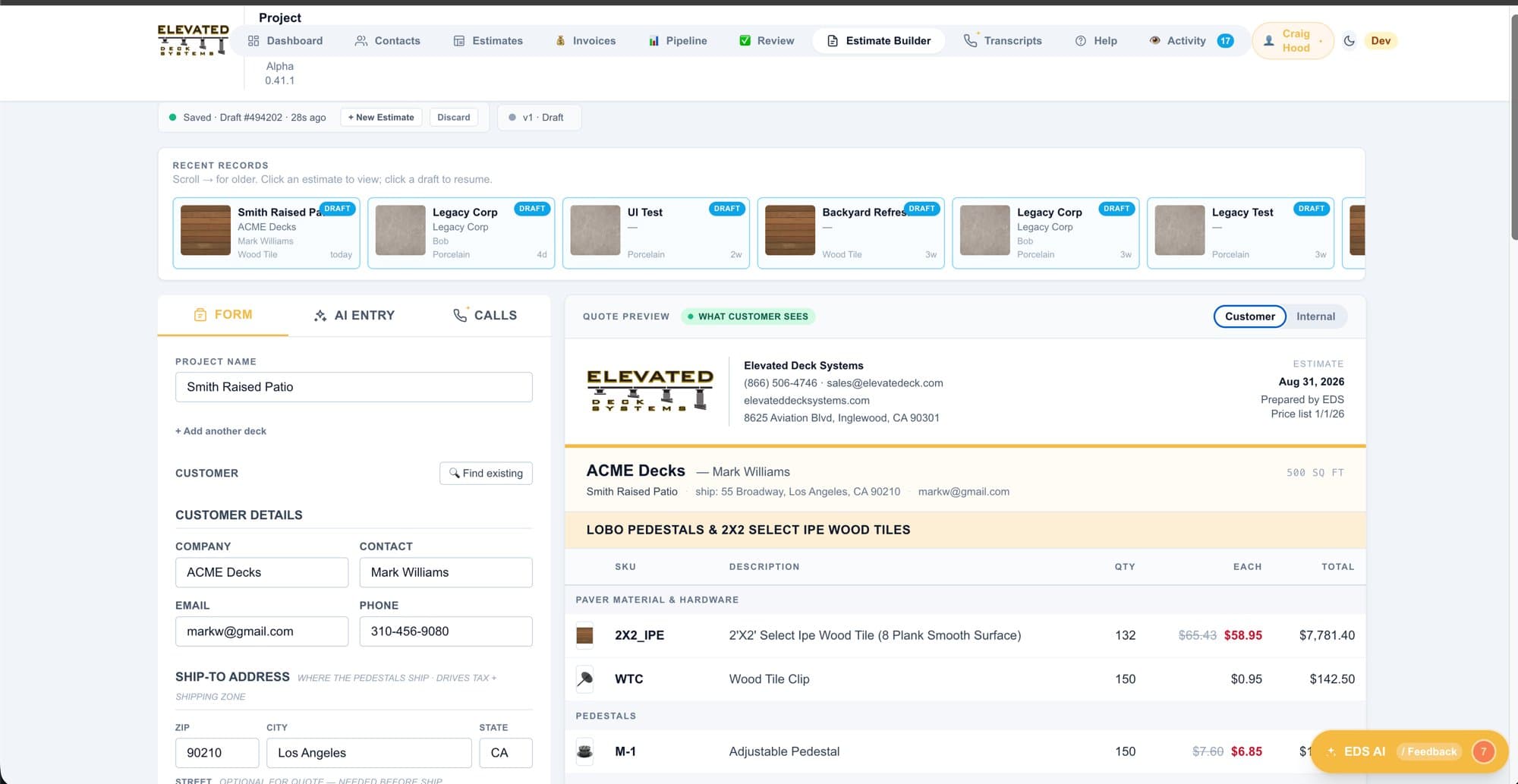 EDS Ops Estimate Builder with a live customer-facing quote rendering on the right.