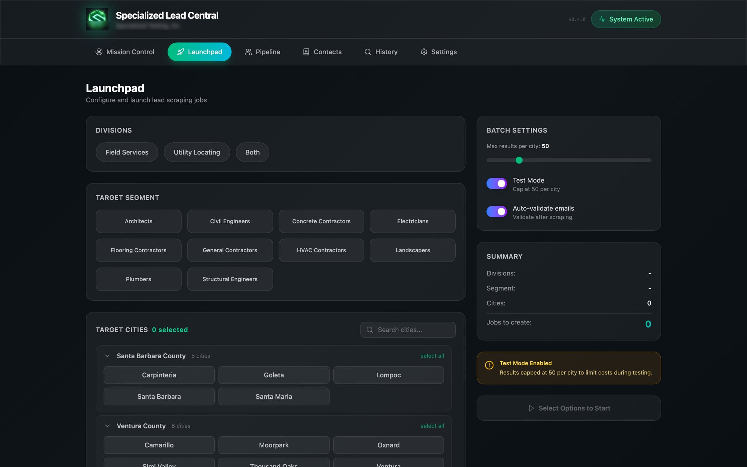 Lead Central Launchpad: division picker, target segments (architects, civil engineers, contractors), target cities by county, and batch scrape settings.