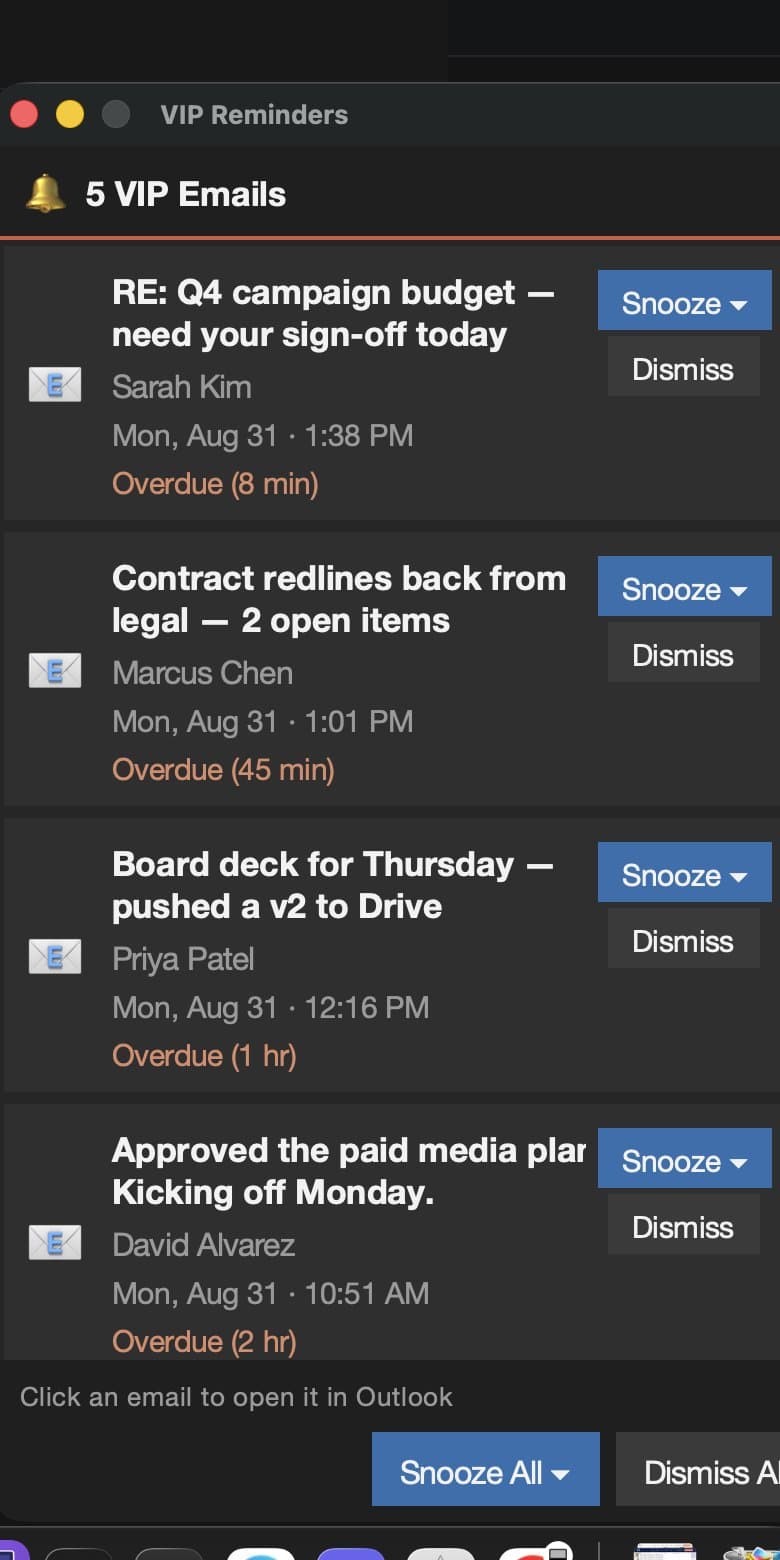 VIP Notifications reminder stack in the bottom-right of a Mac desktop, showing 5 VIP emails from different senders with subject, timestamp, overdue indicator, and per-card Snooze / Dismiss actions.
