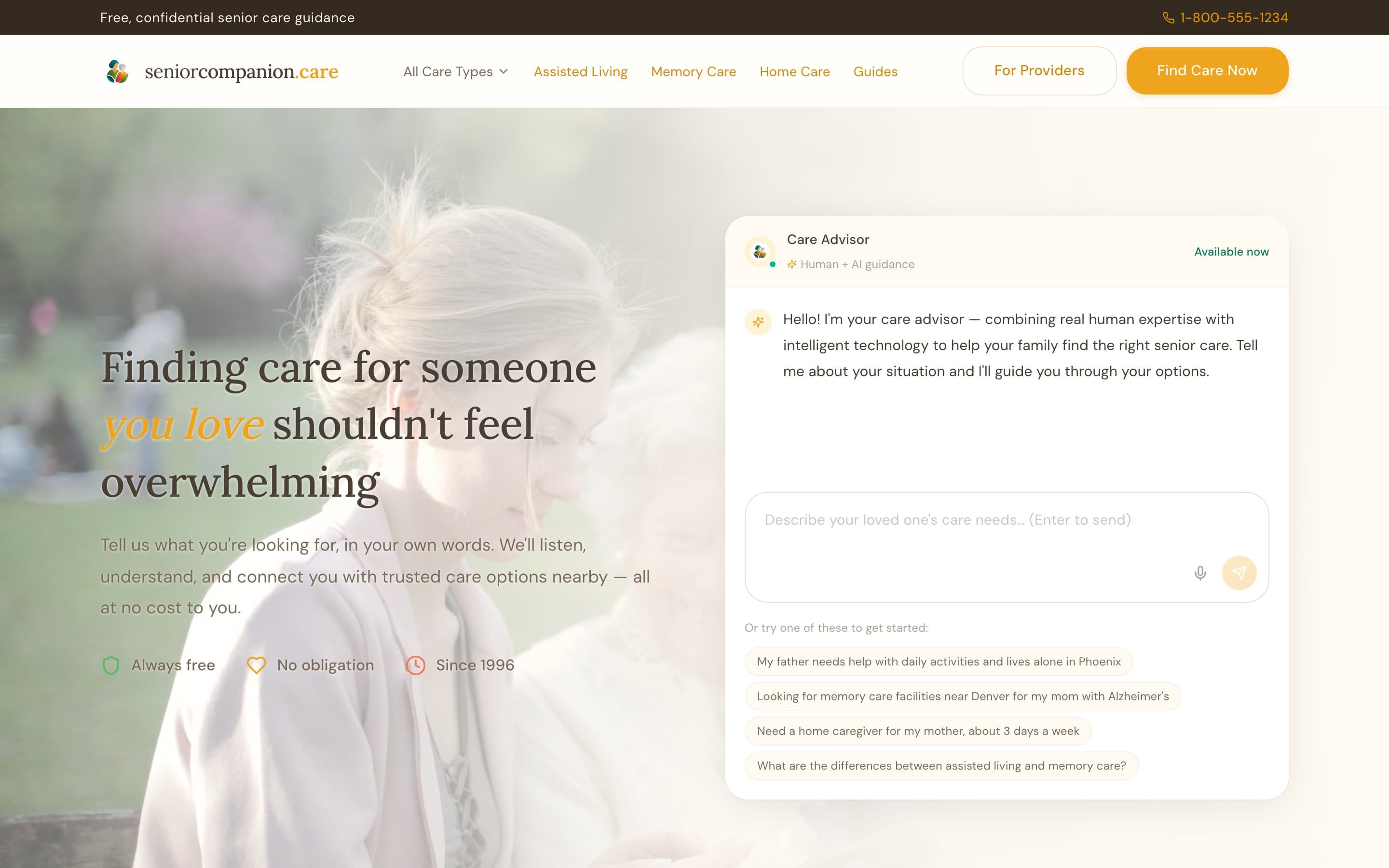 Senior Companion homepage: hero copy plus the AI Care Advisor chat panel with starter prompts covering daily activities, memory care, home care, and care-type comparisons.